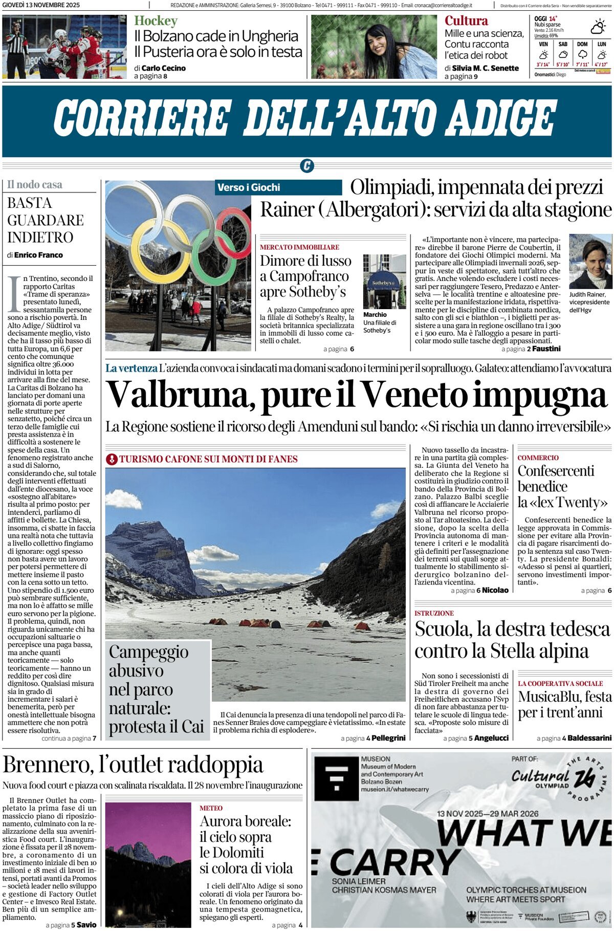 Prima Pagina Corriere dell'Alto Adige 13/11/2025
