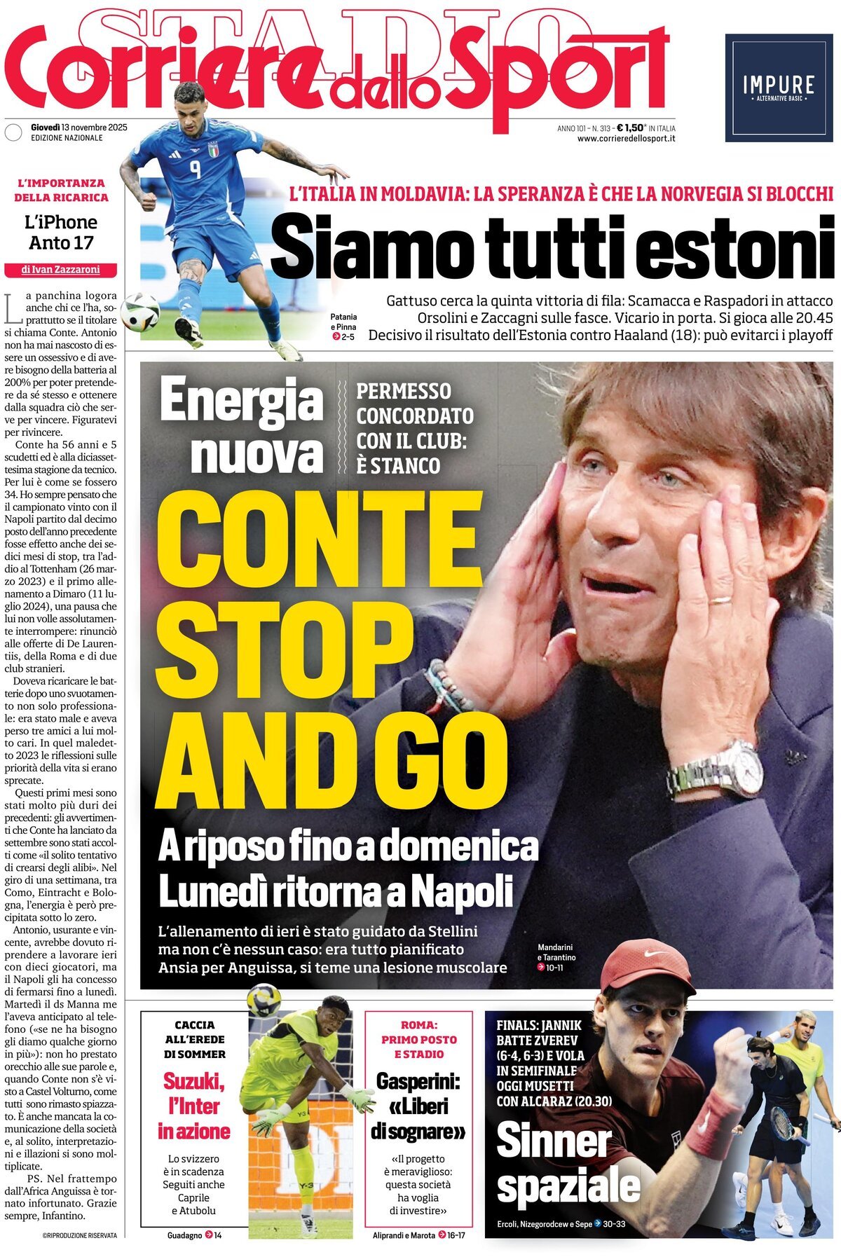 Prima Pagina Corriere dello Sport 13/11/2025