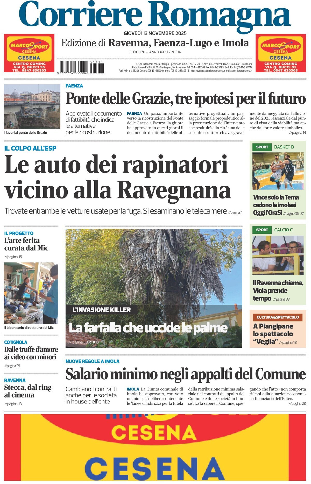 Prima Pagina Corriere Romagna (Ravenna e Imola) 13/11/2025
