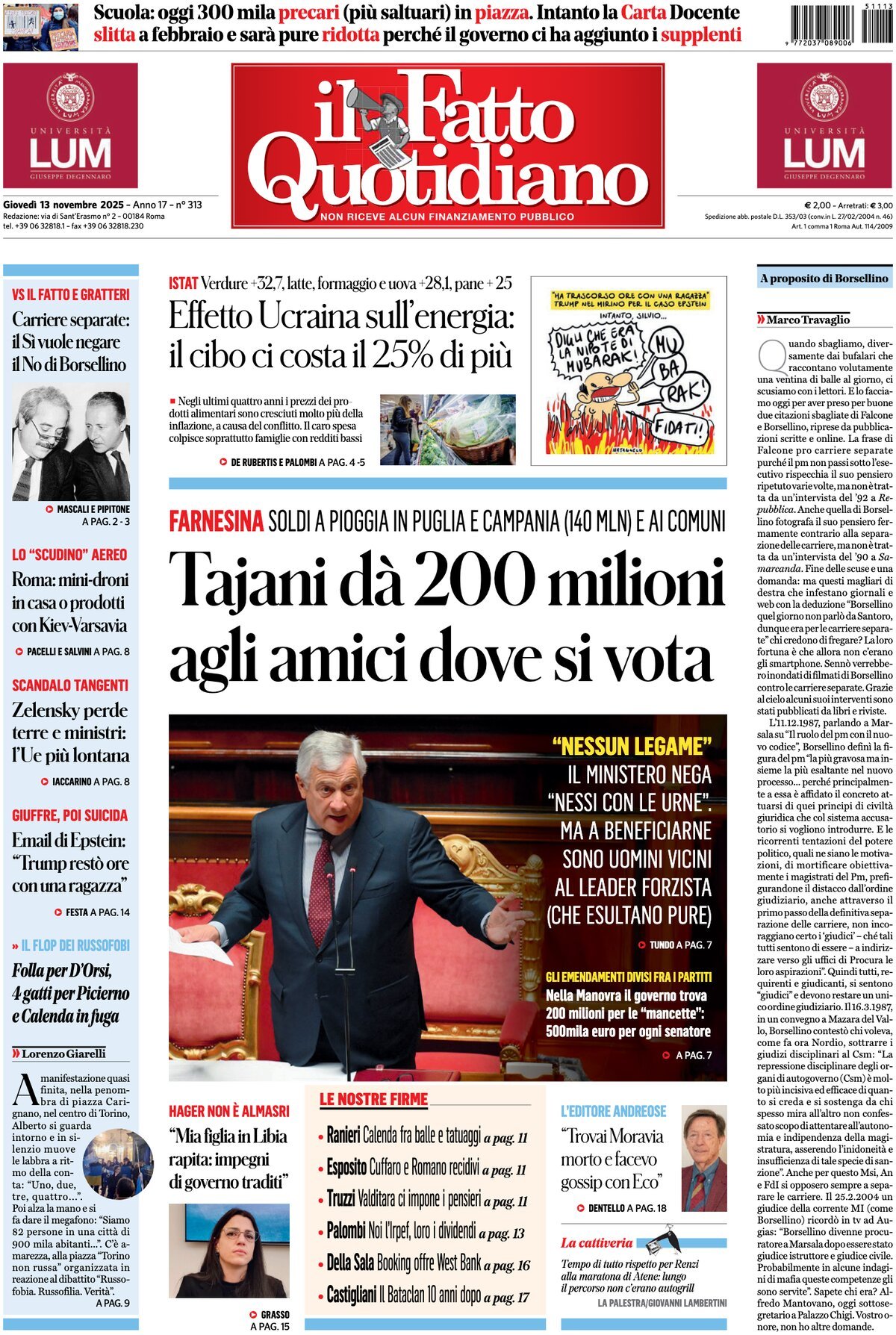 Prima Pagina Il Fatto Quotidiano 13/11/2025