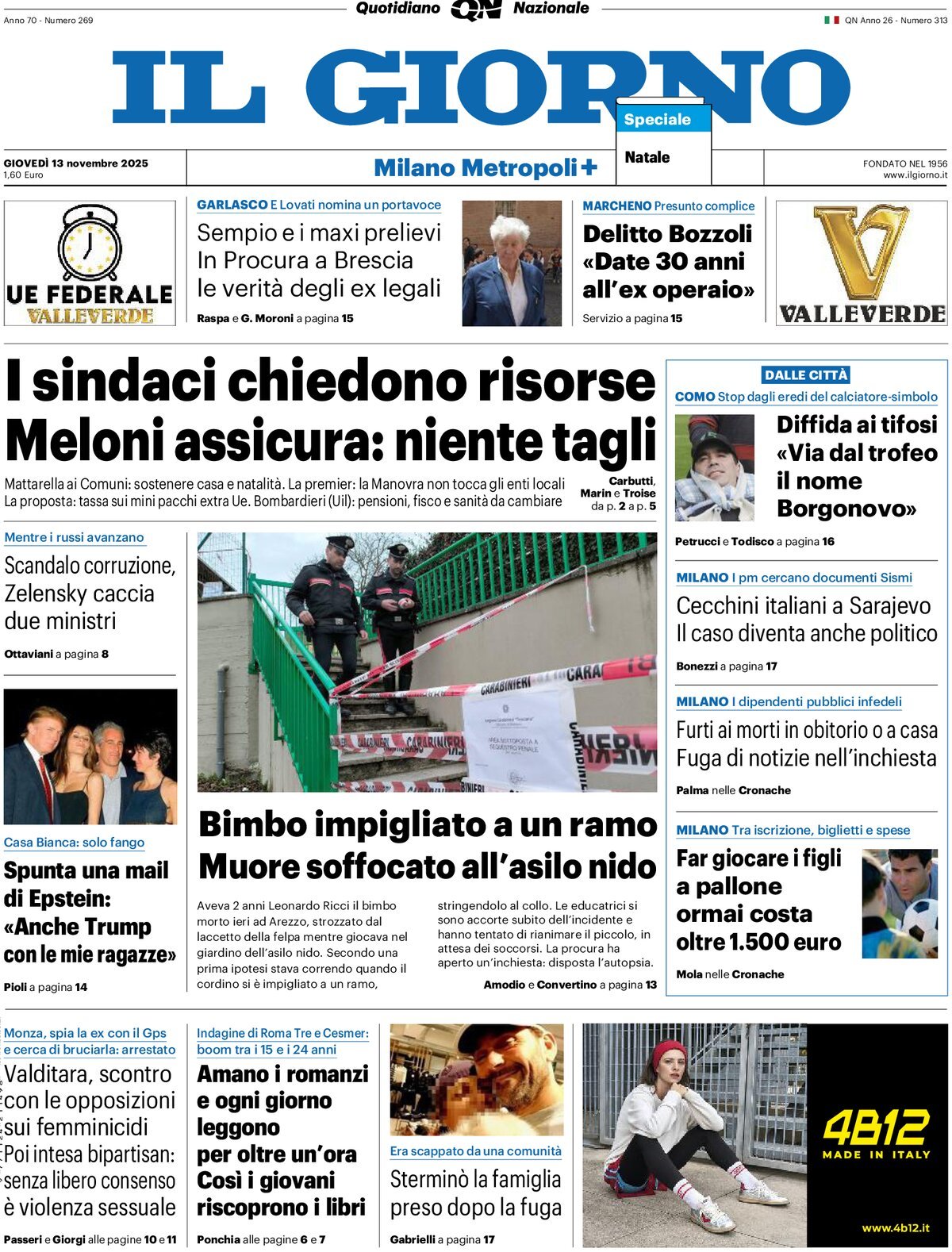 Prima Pagina Il Giorno (Milano Metropoli) 13/11/2025