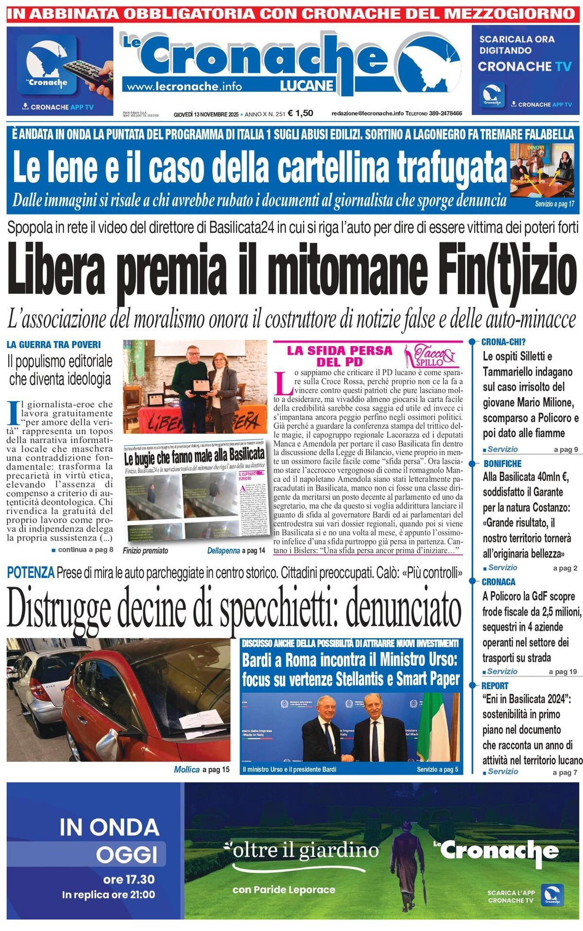 Prima Pagina Le Cronache Lucane 13/11/2025