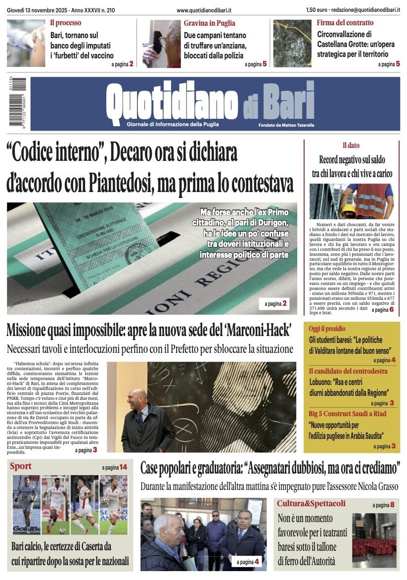Prima Pagina Quotidiano di Bari 13/11/2025