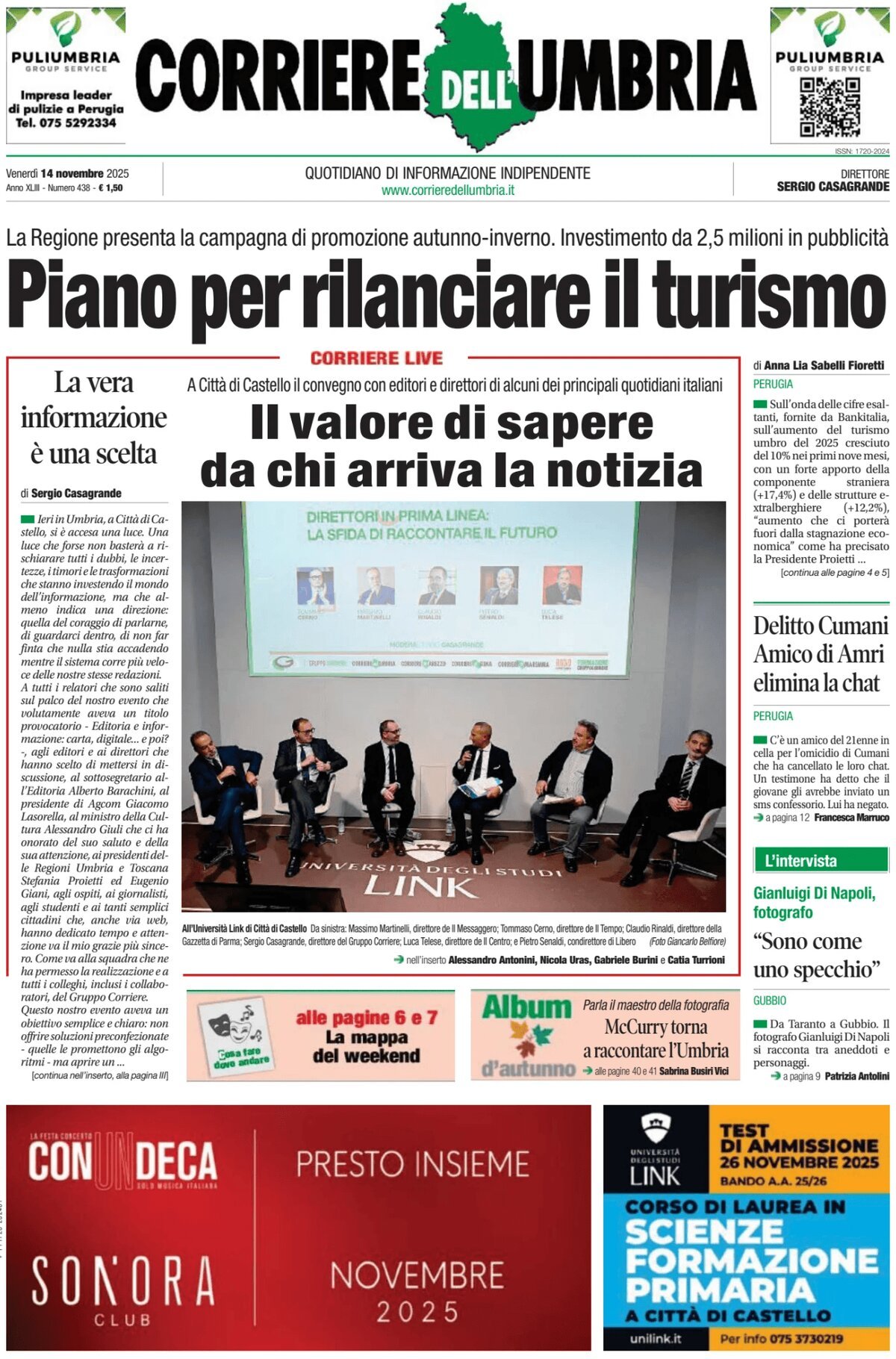 Prima Pagina Corriere dell'Umbria 14/11/2025