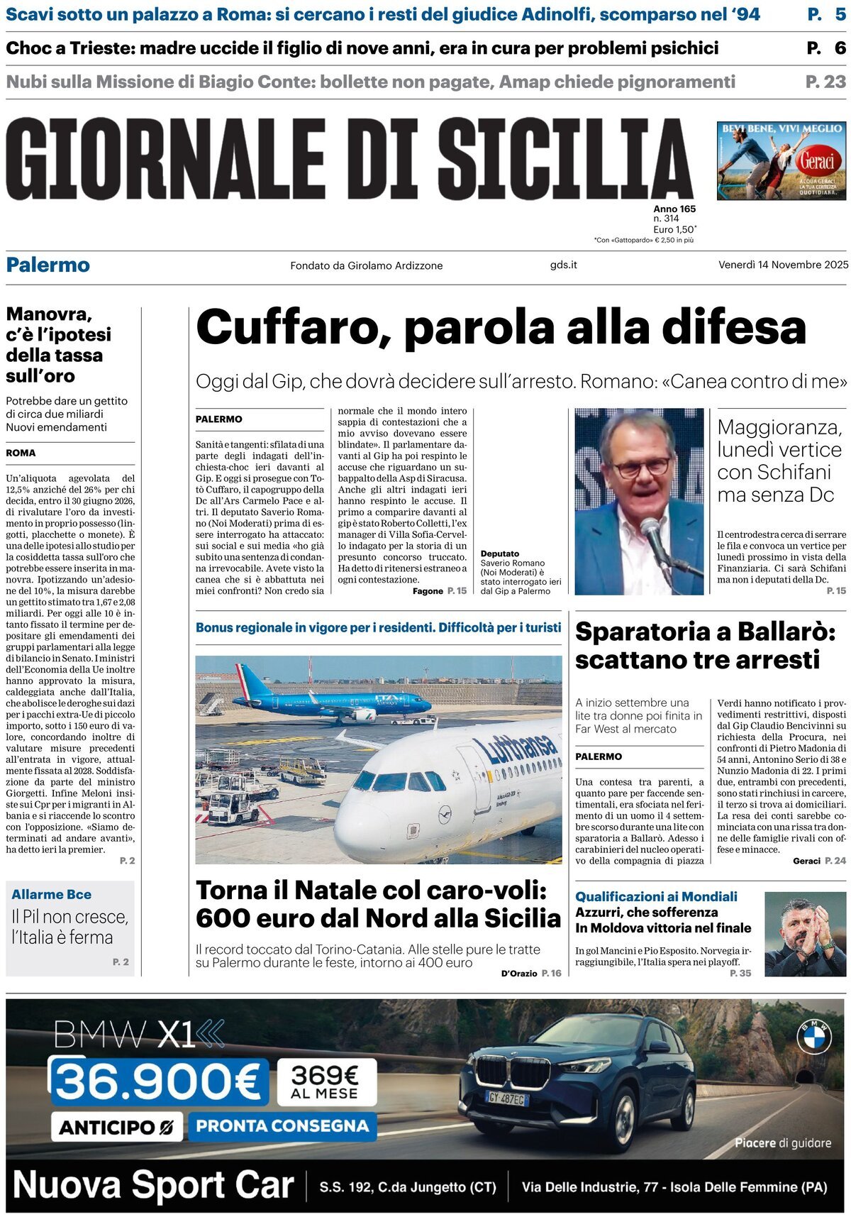 Prima Pagina Giornale di Sicilia (Palermo) 14/11/2025