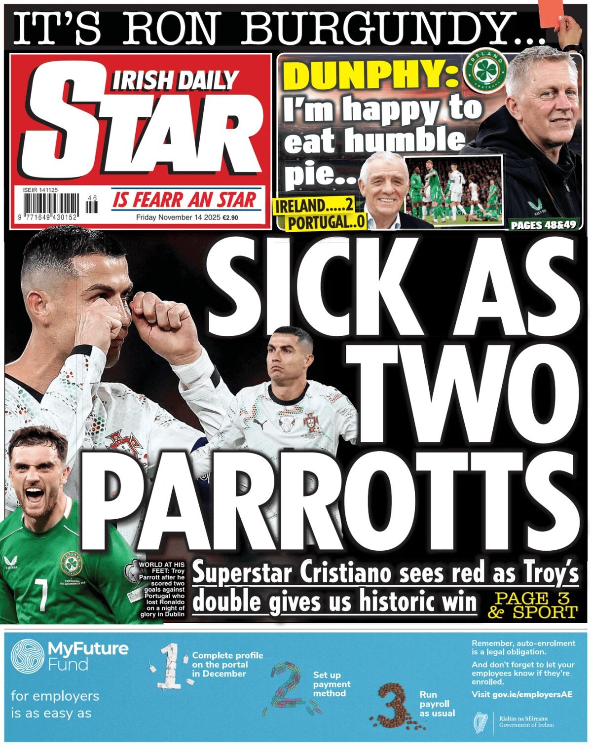 Prima Pagina Irish Daily Star 14/11/2025