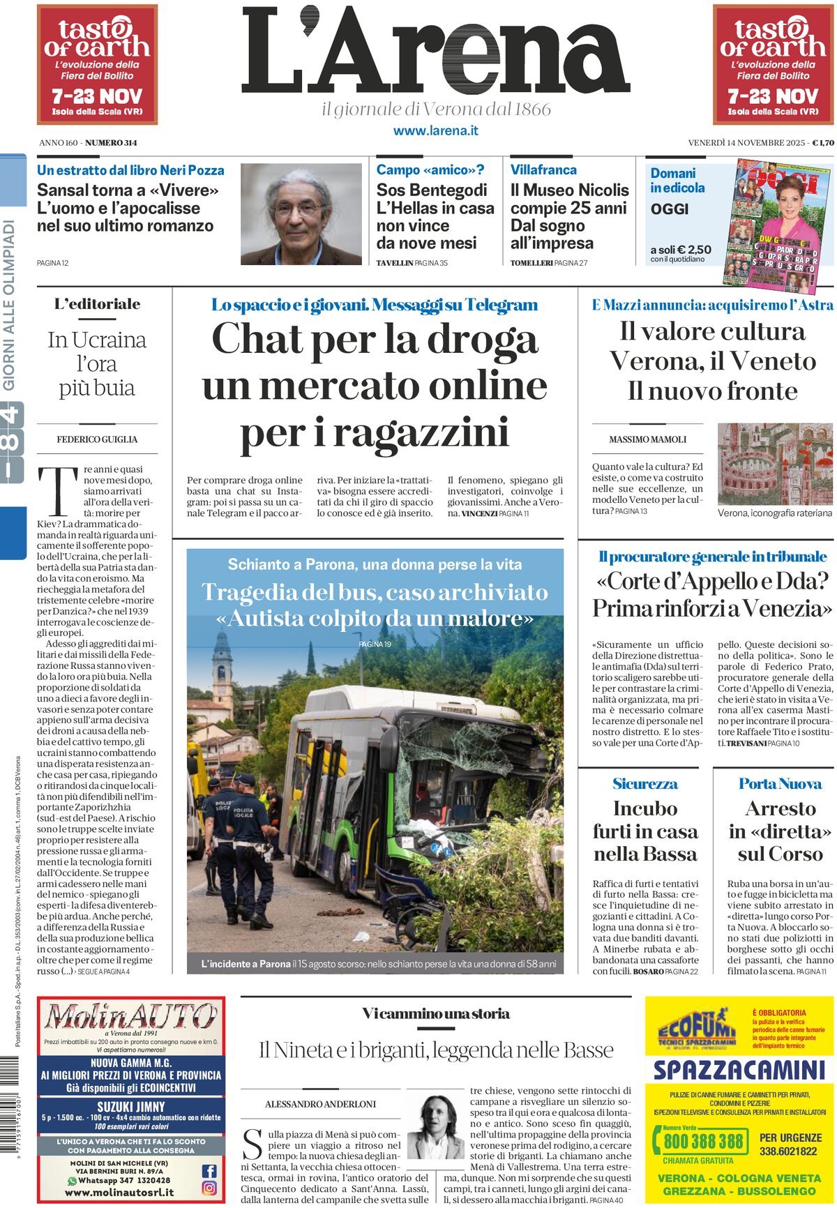 Prima Pagina L'Arena (Verona) 14/11/2025