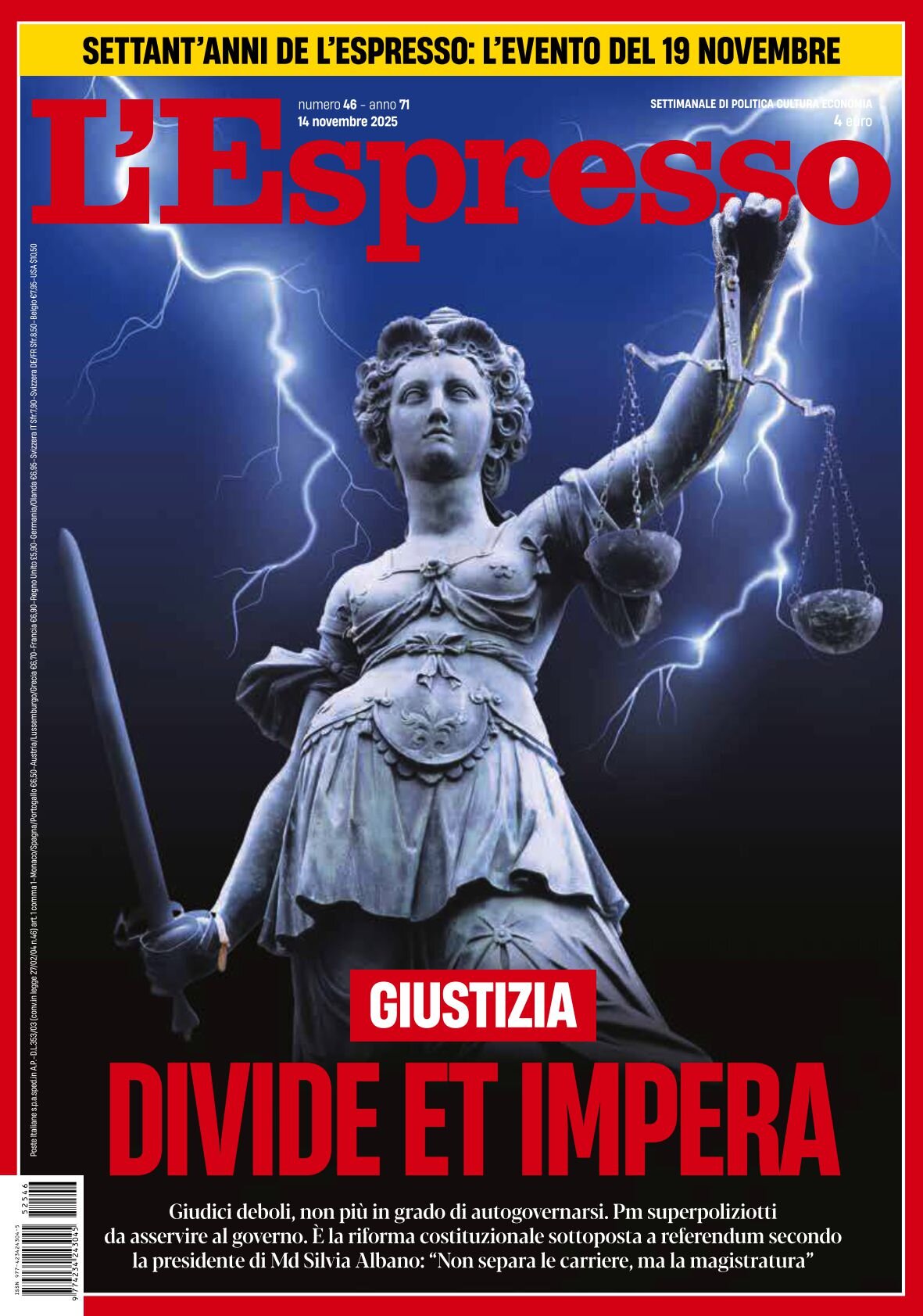 Copertina L'Espresso 14/11/2025