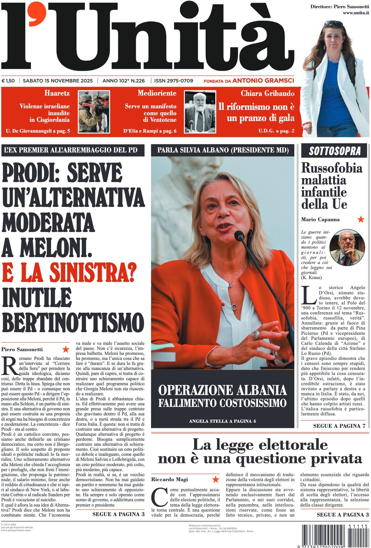 Prima Pagina L'Unità 15/11/2025