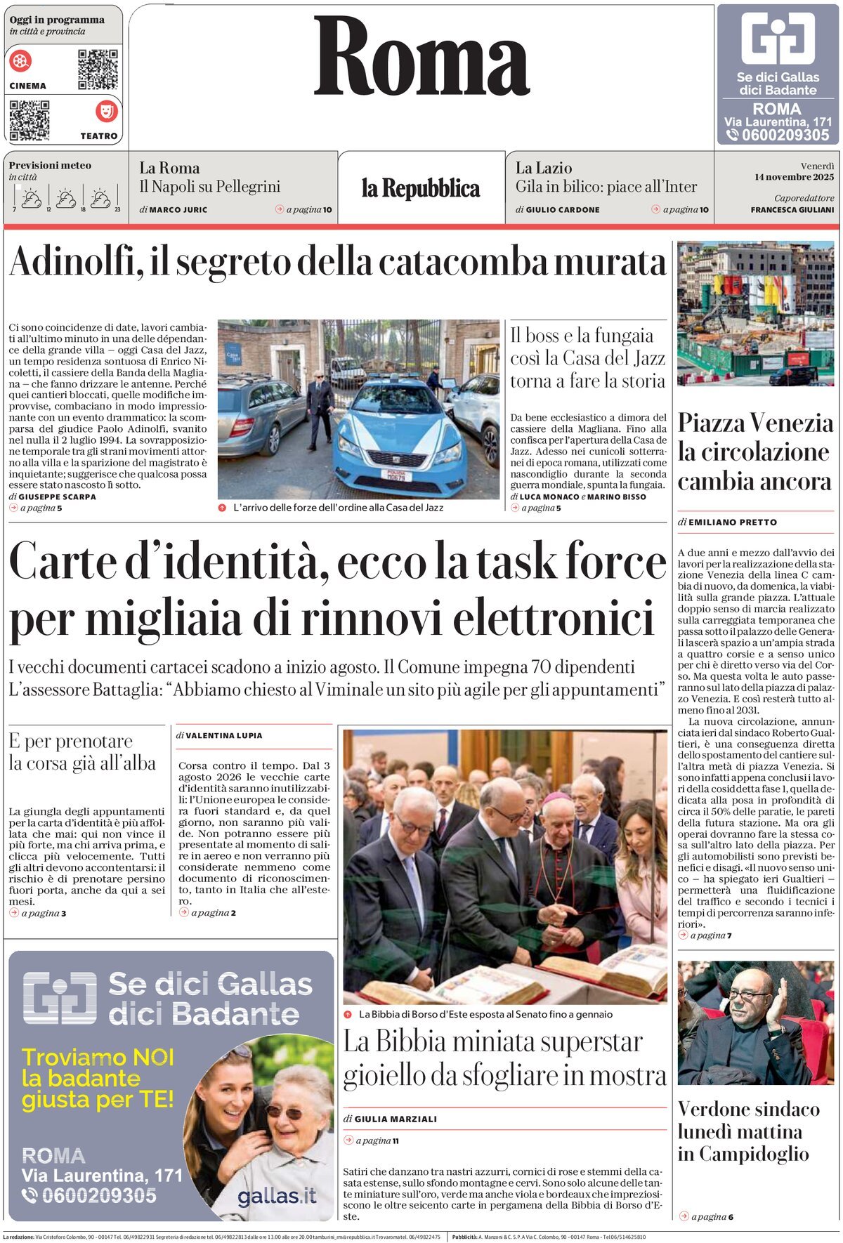 Prima Pagina La Repubblica (Roma) 14/11/2025