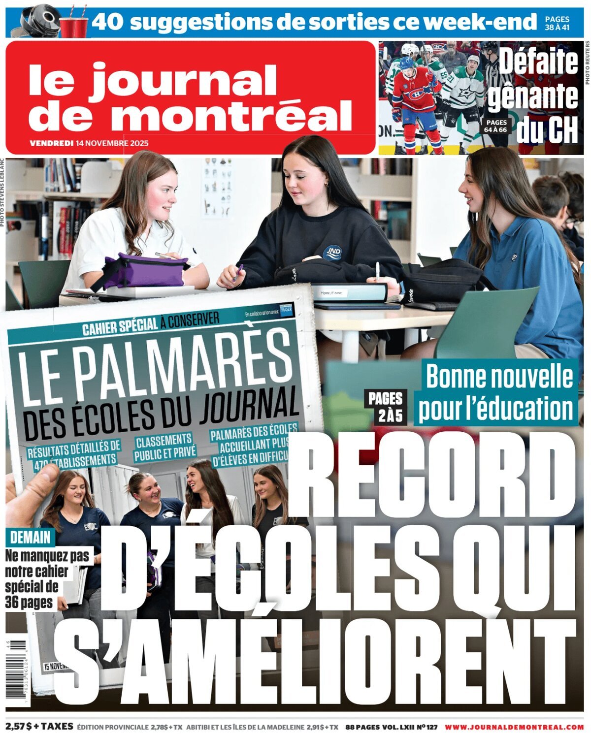Prima Pagina Le Journal de Montréal 14/11/2025