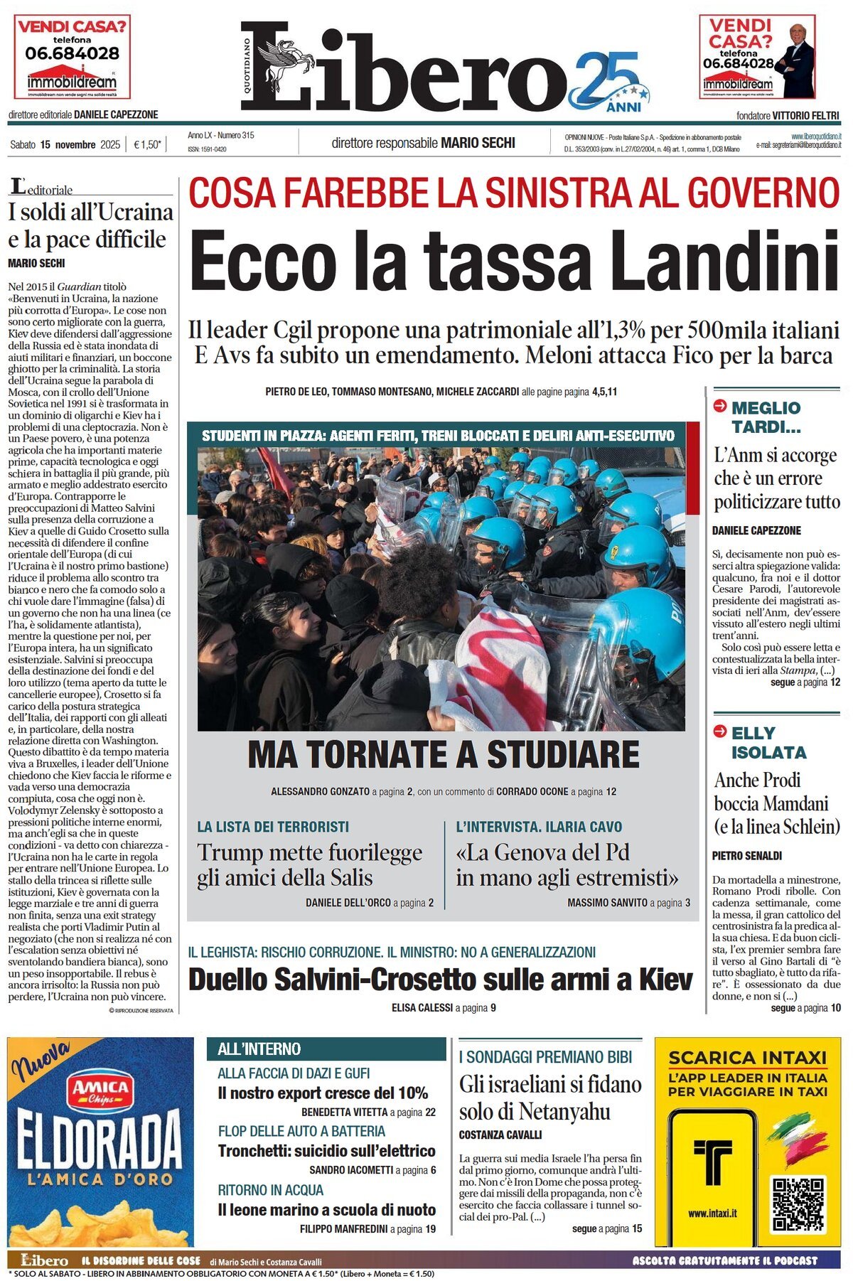 Prima Pagina Libero Quotidiano 15/11/2025