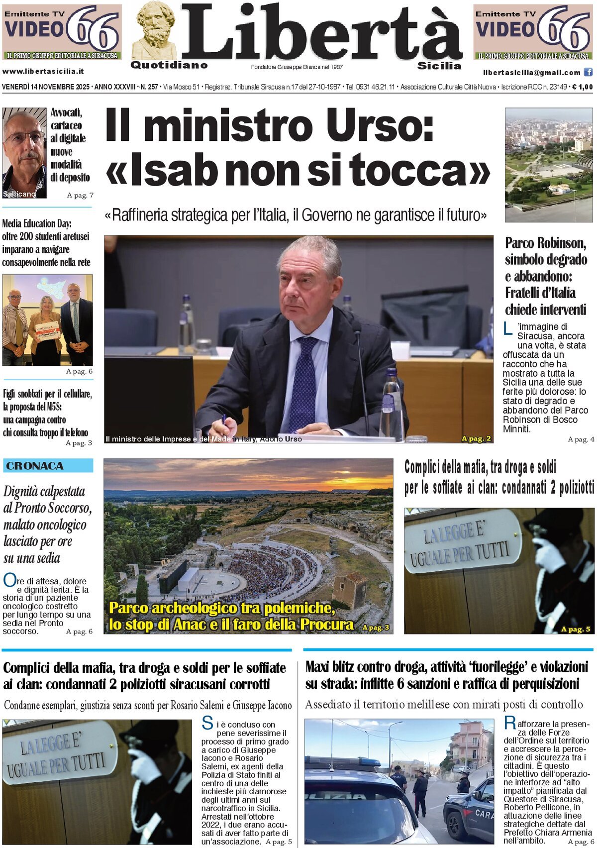Prima Pagina Libertà Sicilia 14/11/2025