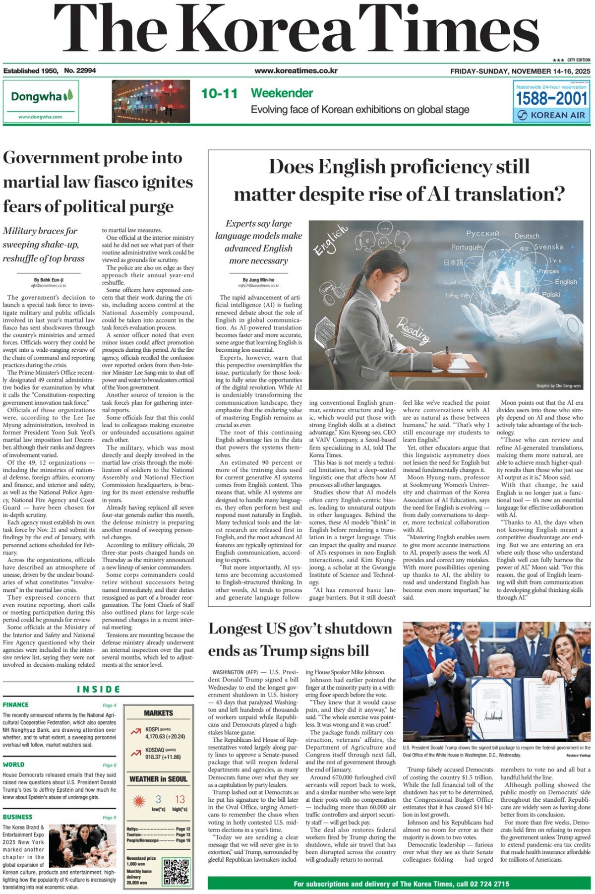 Prima Pagina The Korea Times 16/11/2025