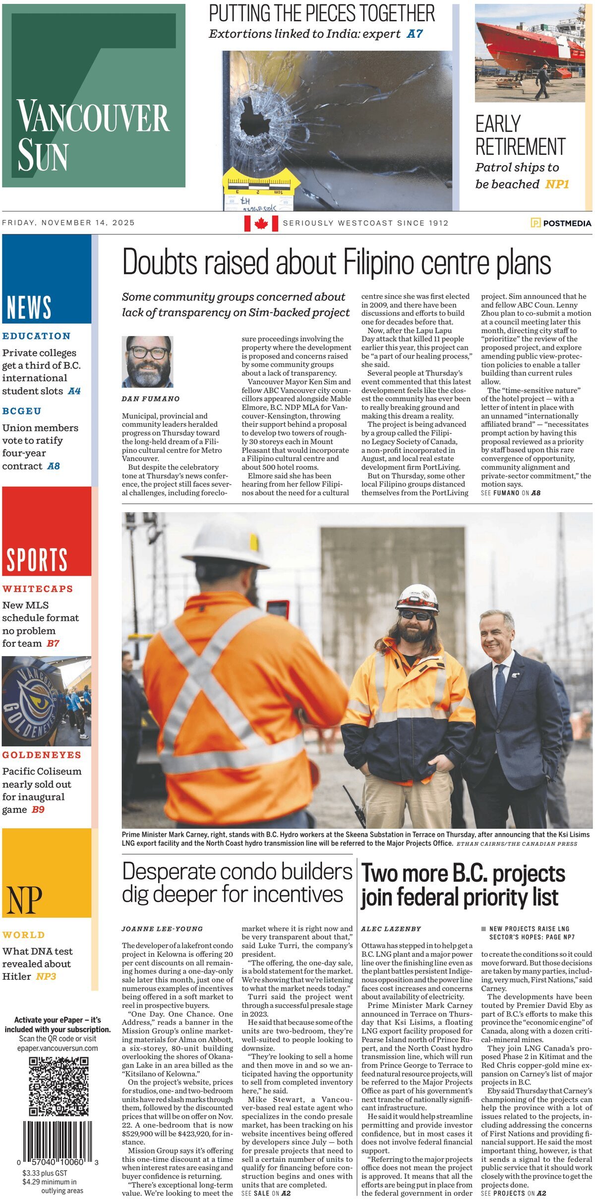 Prima Pagina Vancouver Sun 14/11/2025