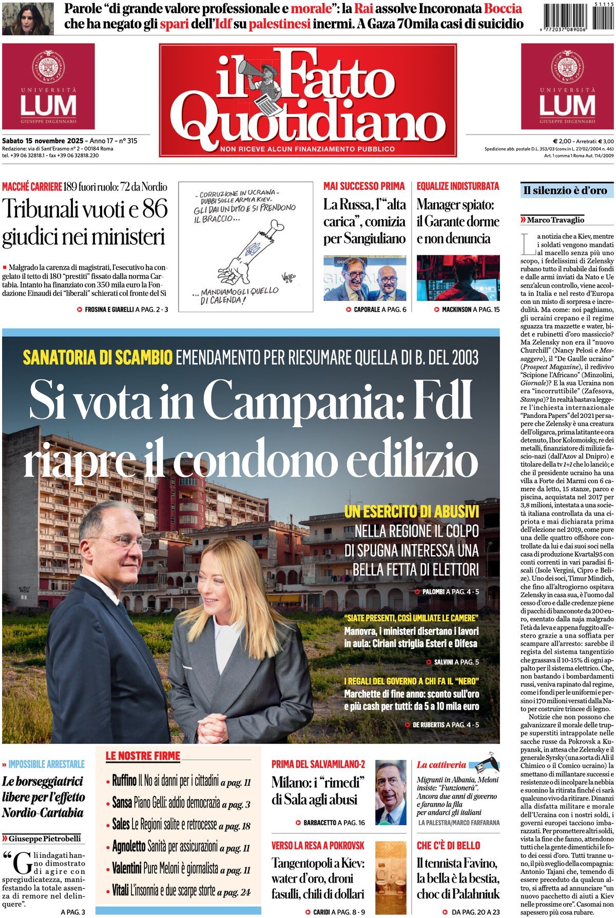 Prima Pagina Il Fatto Quotidiano 15/11/2025