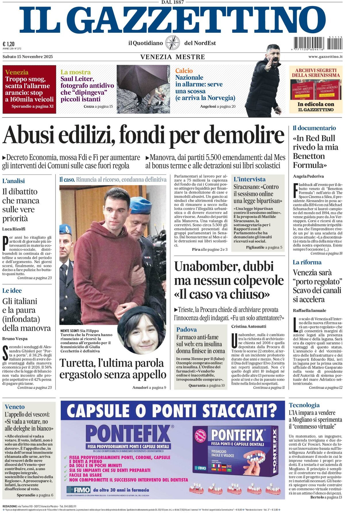 Prima Pagina Il Gazzettino 15/11/2025