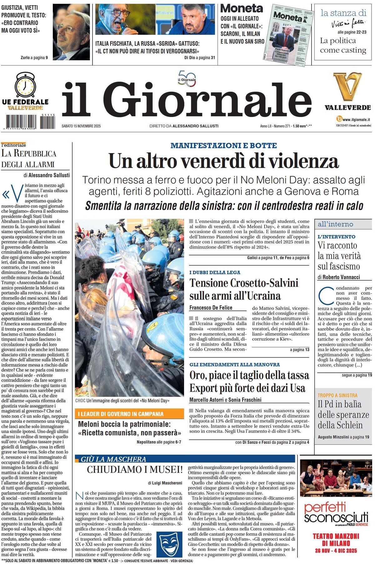 Prima Pagina Il Giornale 15/11/2025