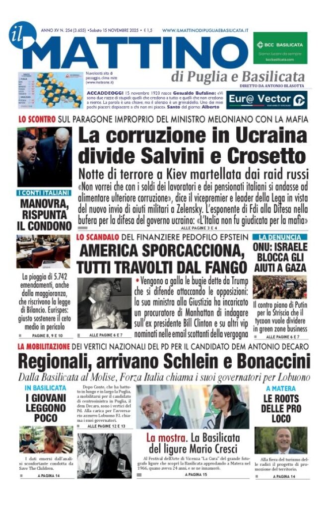 Prima Pagina Il Mattino di Puglia e Basilicata 15/11/2025