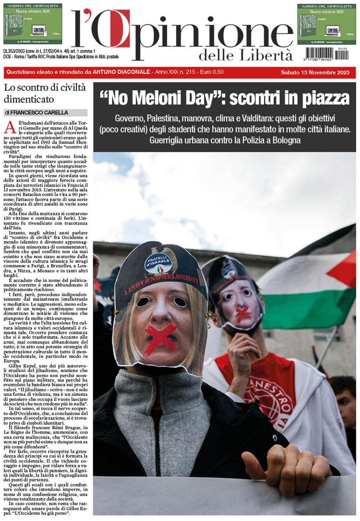 Prima Pagina L'Opinione delle Libertà 15/11/2025