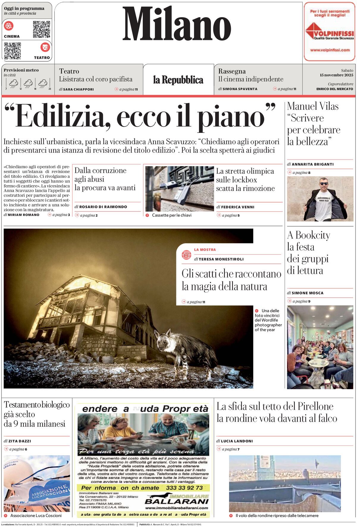 Prima Pagina La Repubblica (Milano) 15/11/2025