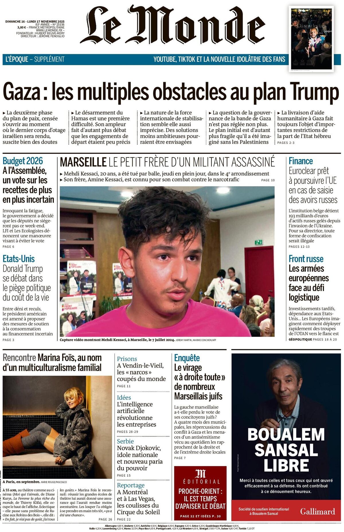 Prima Pagina Le Monde 17/11/2025