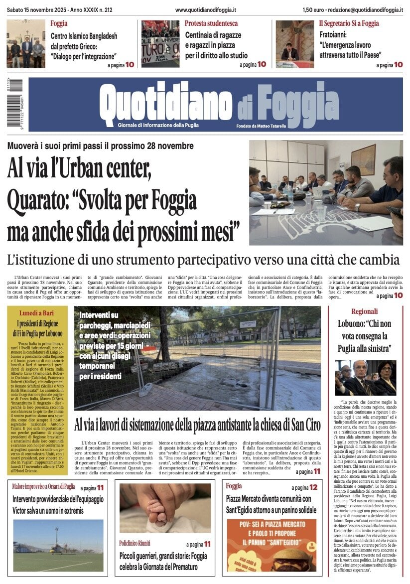 Prima Pagina Quotidiano di Foggia 15/11/2025