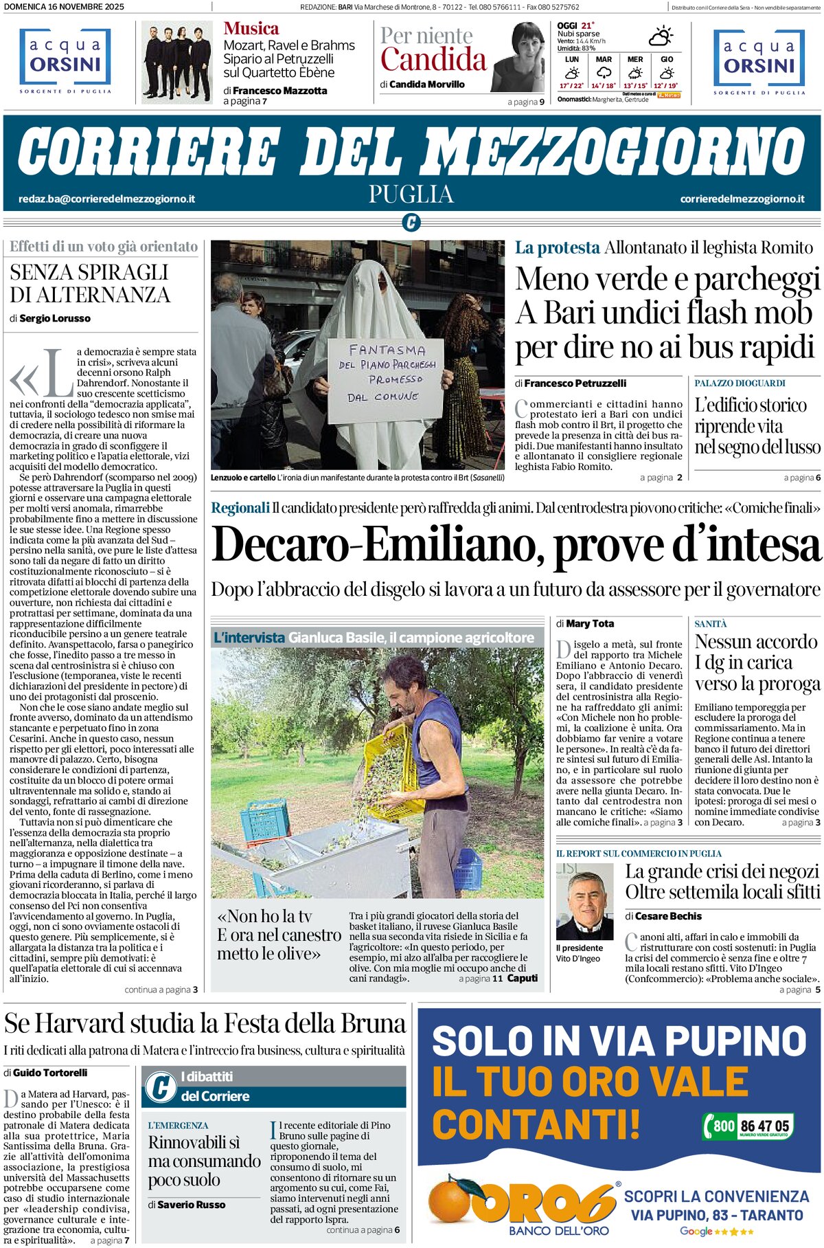 Prima Pagina Corriere del Mezzogiorno (Puglia) 16/11/2025