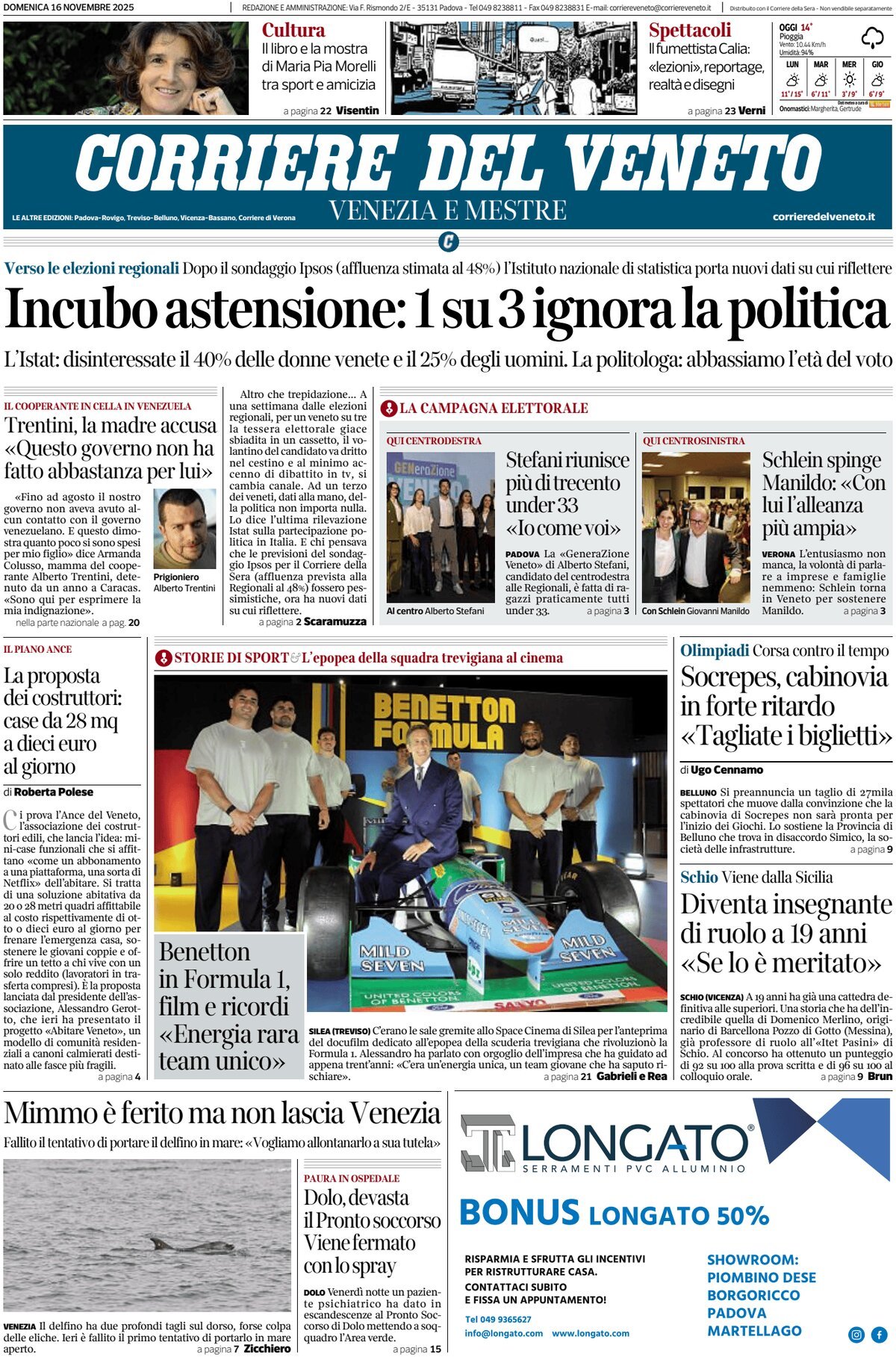 Prima Pagina Corriere del Veneto 16/11/2025