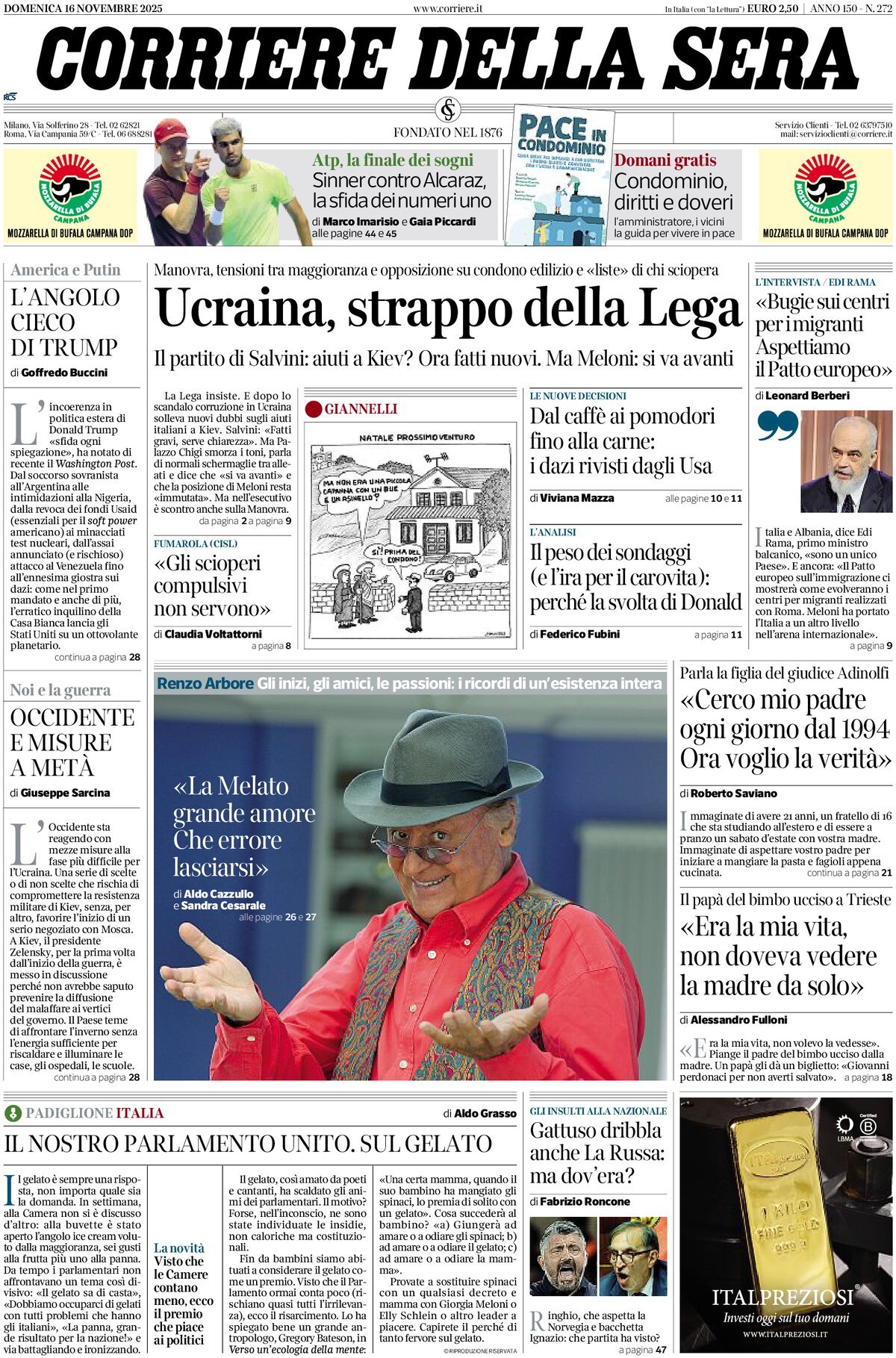 Prima Pagina Corriere della Sera 16/11/2025