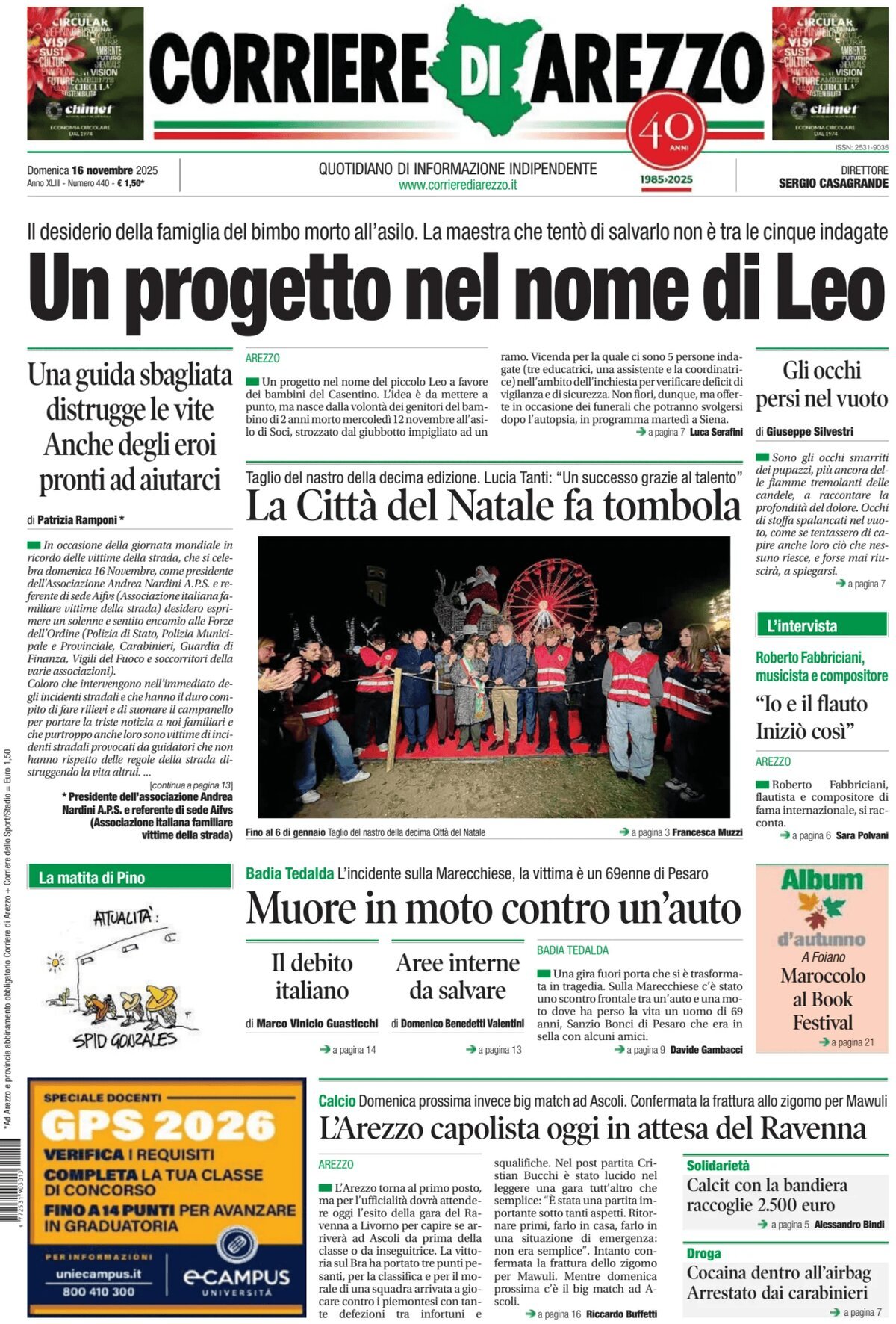 Prima Pagina Corriere di Arezzo 16/11/2025
