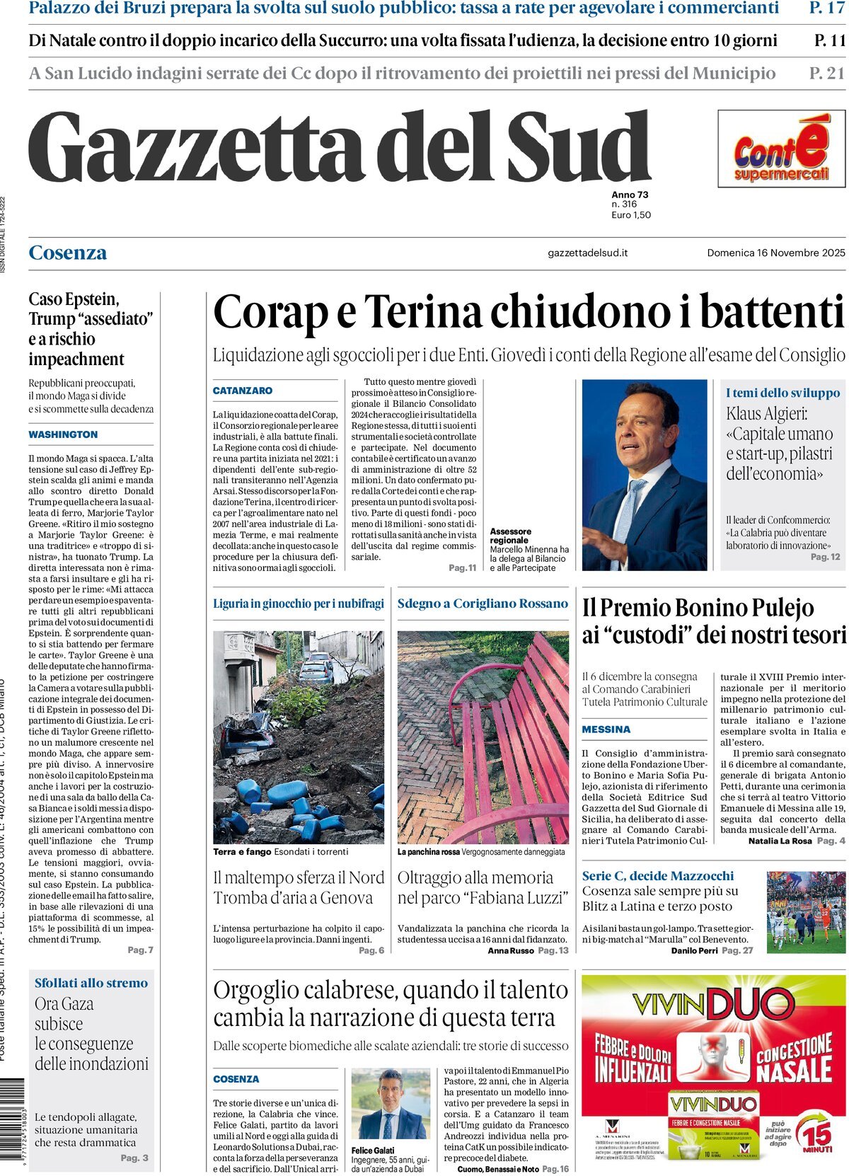 Prima Pagina Gazzetta del Sud (Cosenza) 16/11/2025