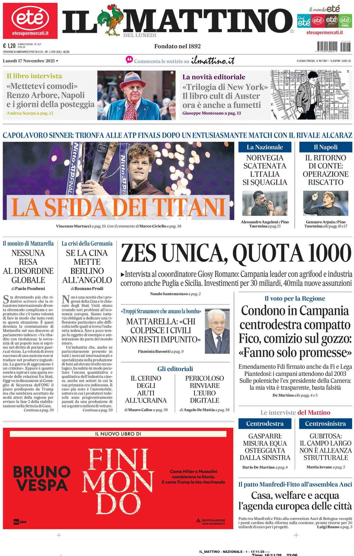 Prima Pagina Il Mattino 17/11/2025