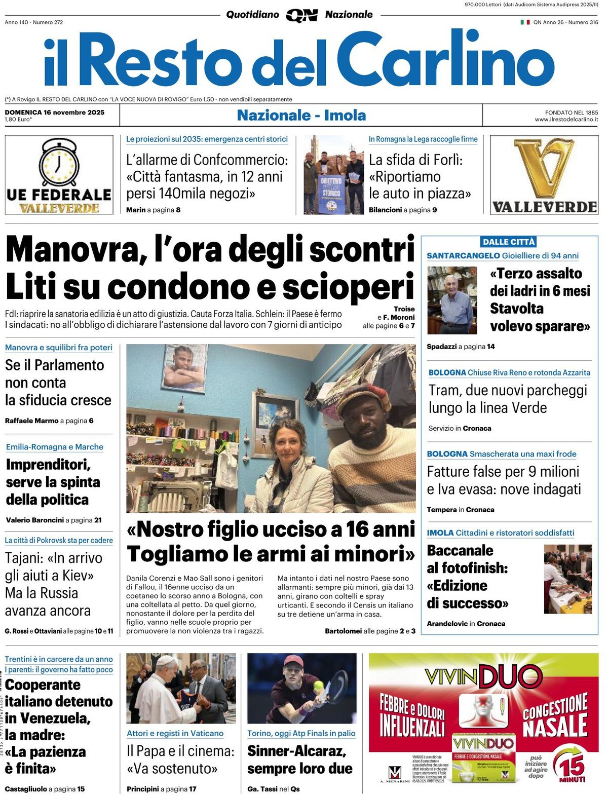 Prima Pagina Il Resto del Carlino 16/11/2025