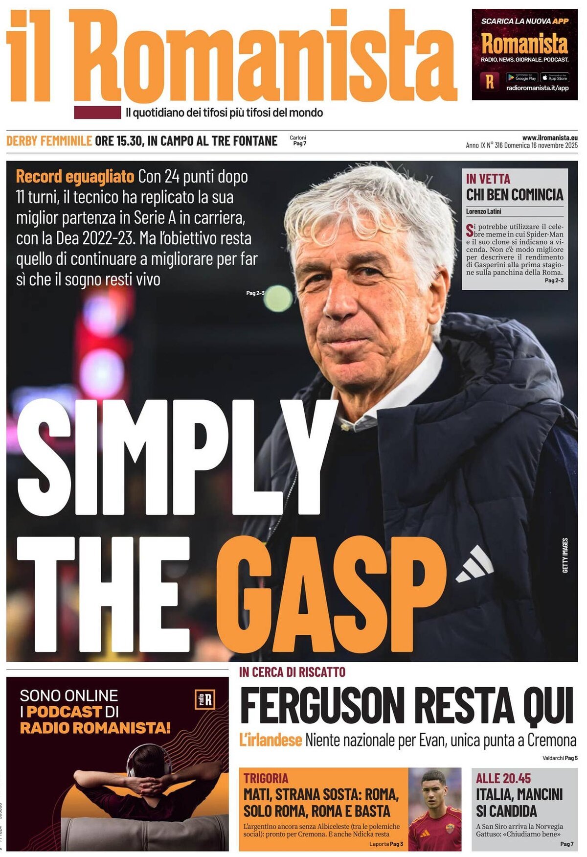 Prima Pagina Il Romanista 16/11/2025