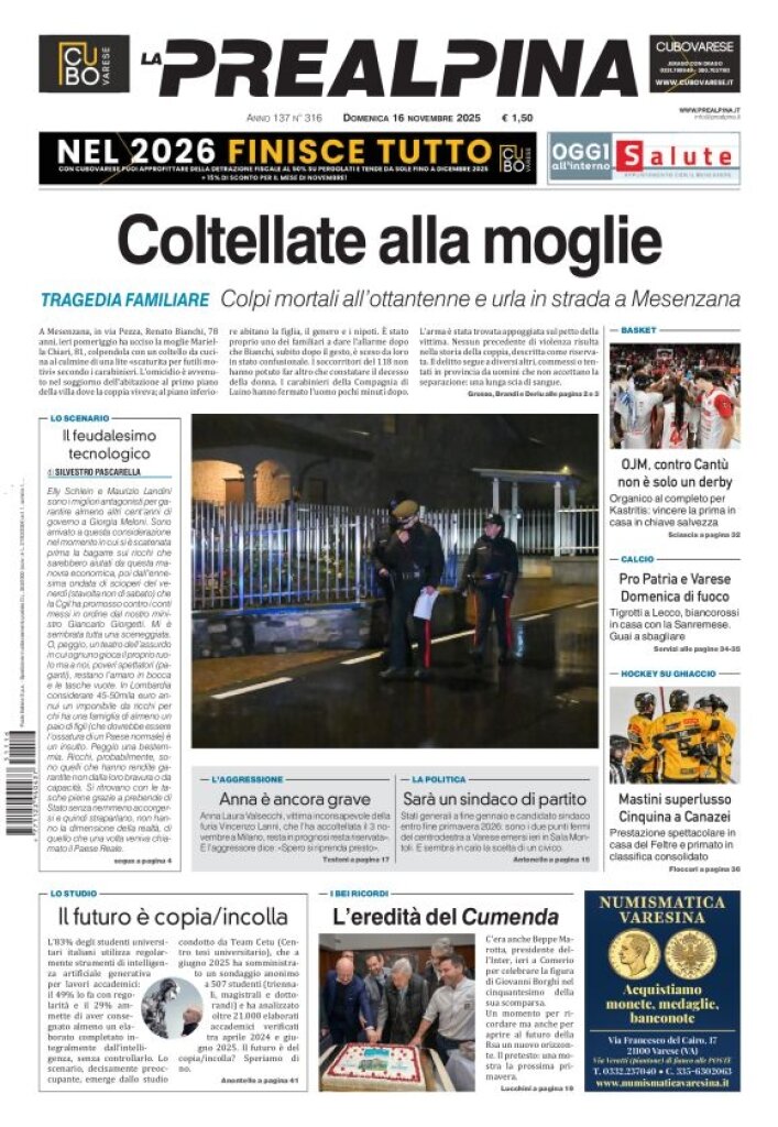 Prima Pagina La Prealpina 16/11/2025