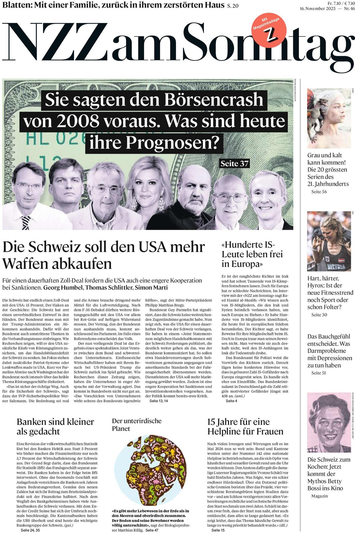Prima Pagina NZZ (Neue Zürcher Zeitung) 16/11/2025