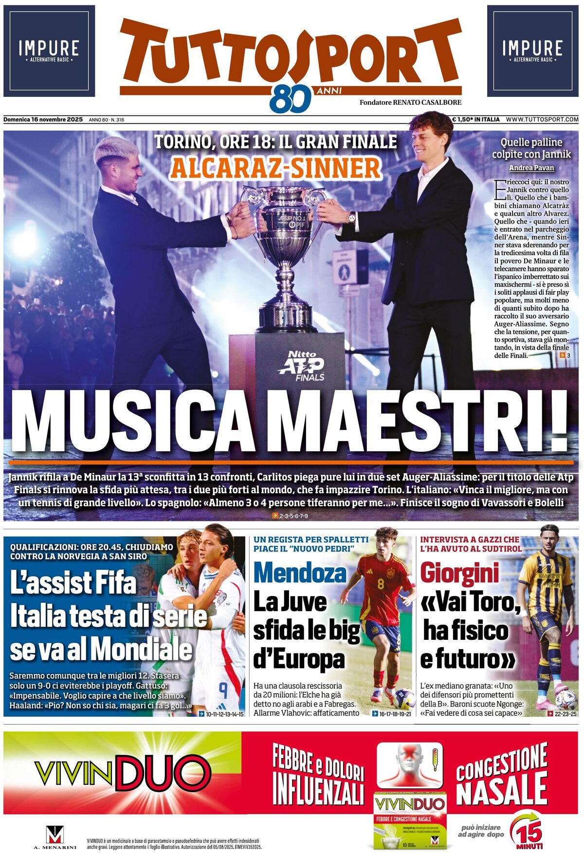Prima Pagina Tuttosport 16/11/2025