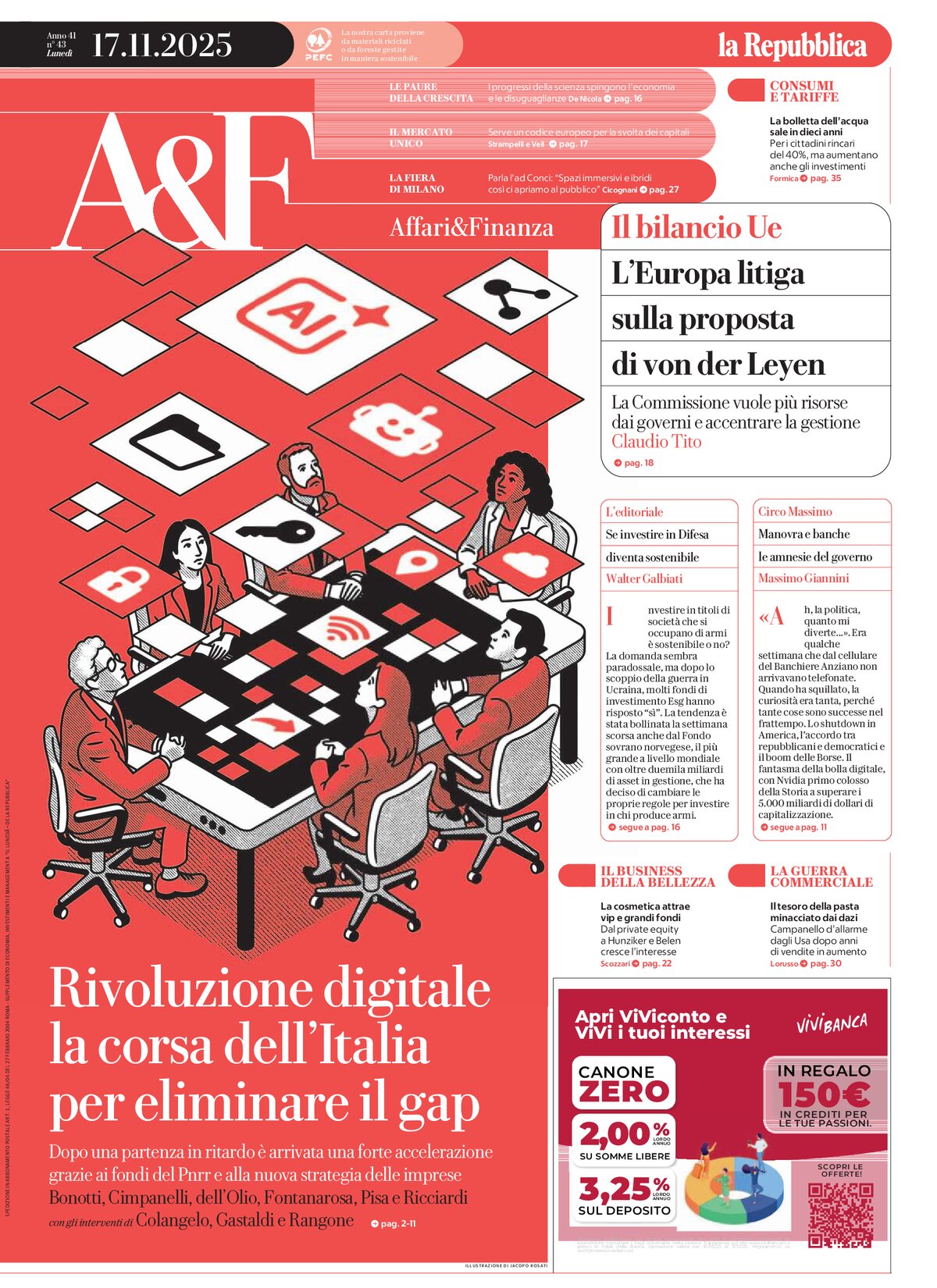 Copertina Affari & Finanza (la Repubblica) 17/11/2025