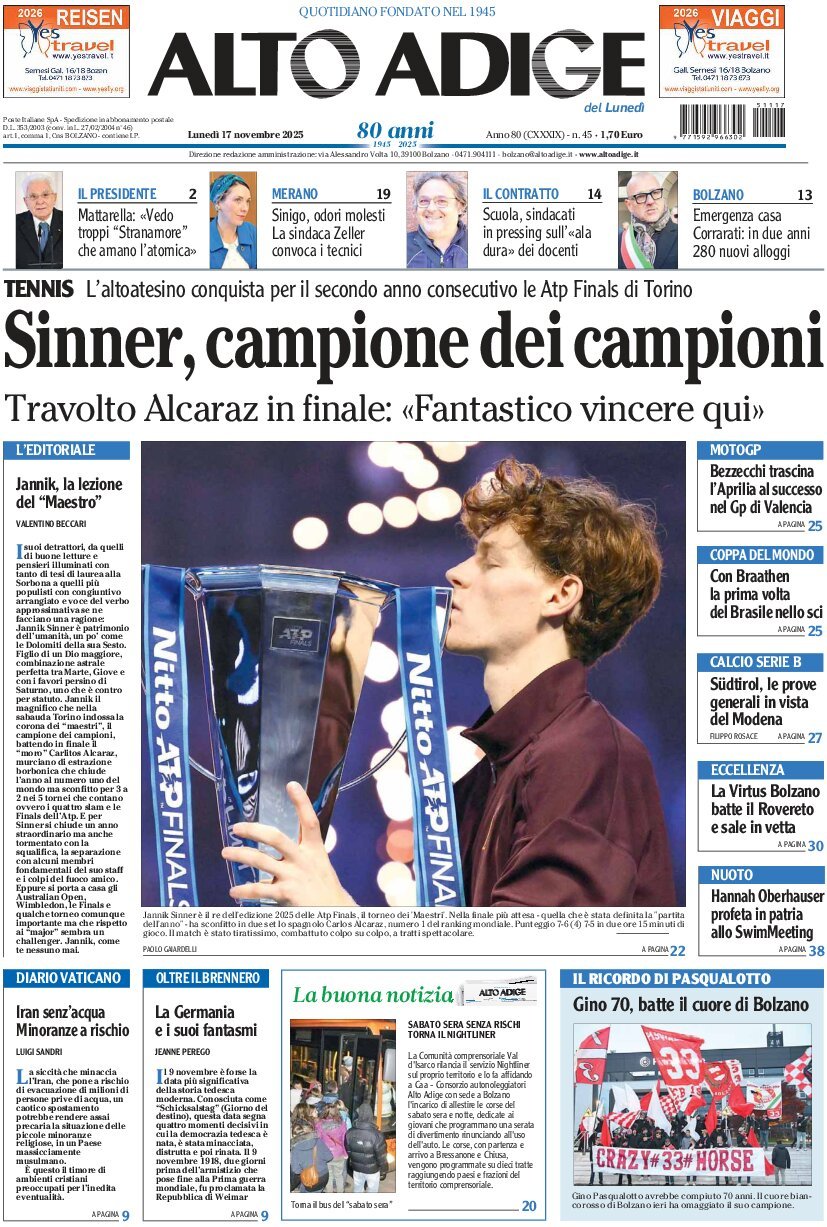 Prima Pagina Alto Adige 17/11/2025