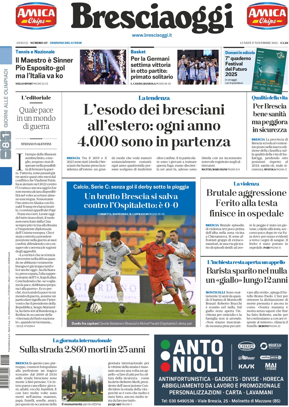 Prima Pagina Brescia Oggi 17/11/2025