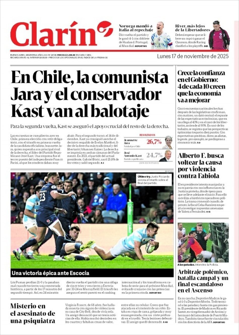 Prima Pagina Clarín 17/11/2025
