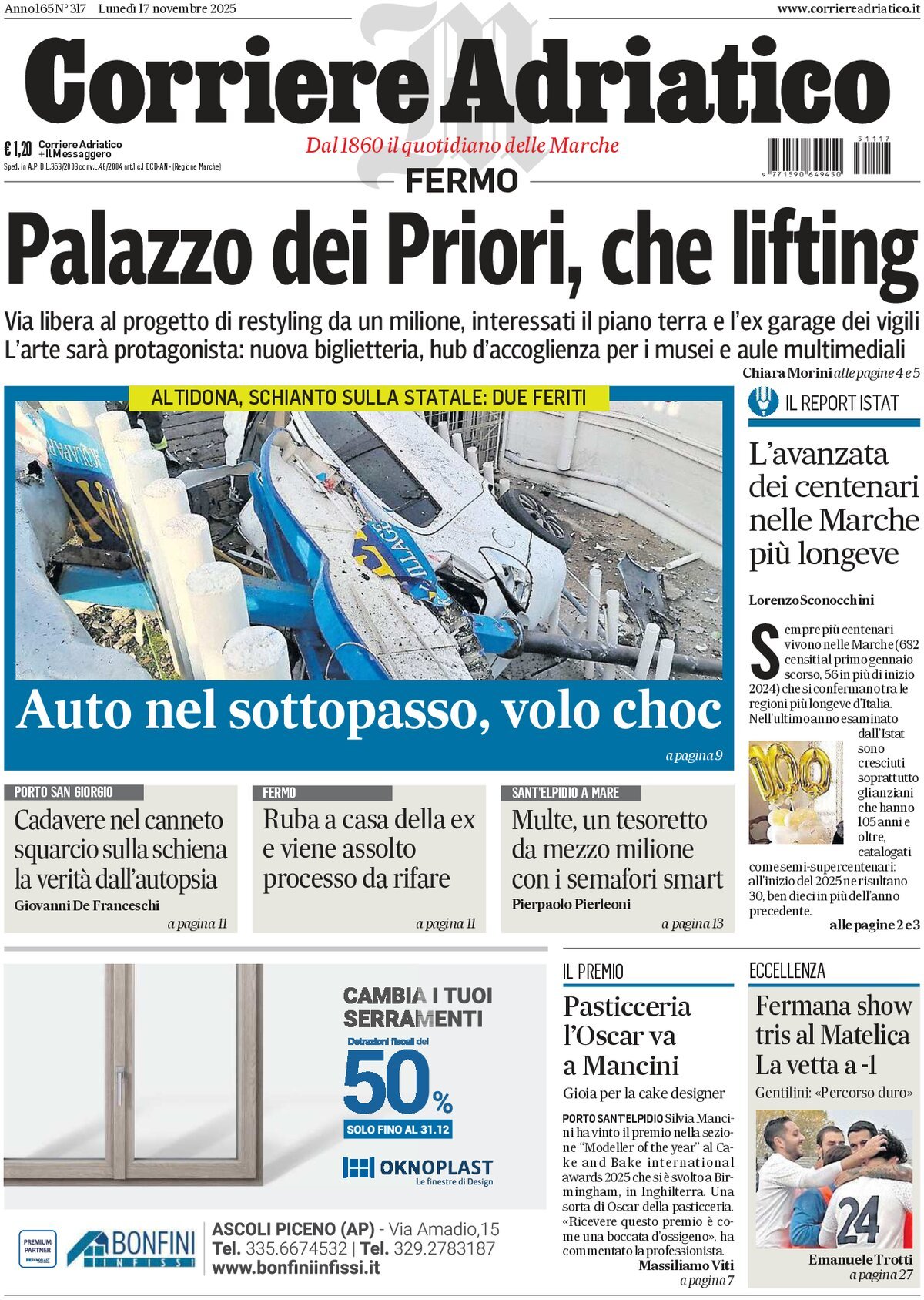 Prima Pagina Corriere Adriatico (Fermo) 17/11/2025