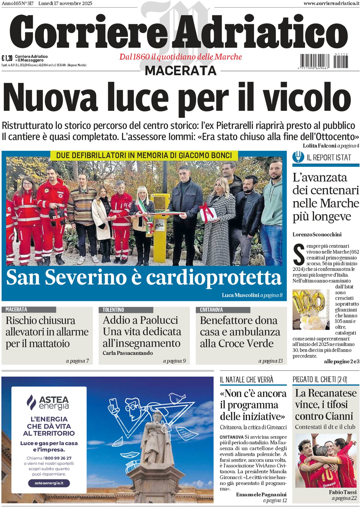 Prima Pagina Corriere Adriatico (Macerata) 17/11/2025
