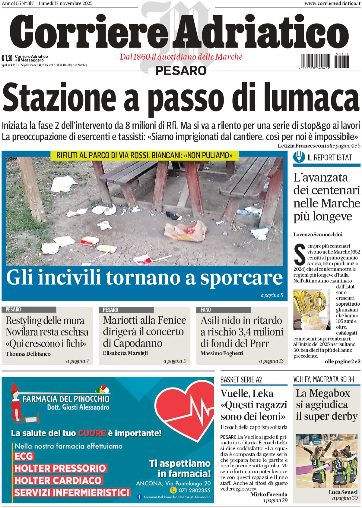 Prima Pagina Corriere Adriatico (Pesaro) 17/11/2025