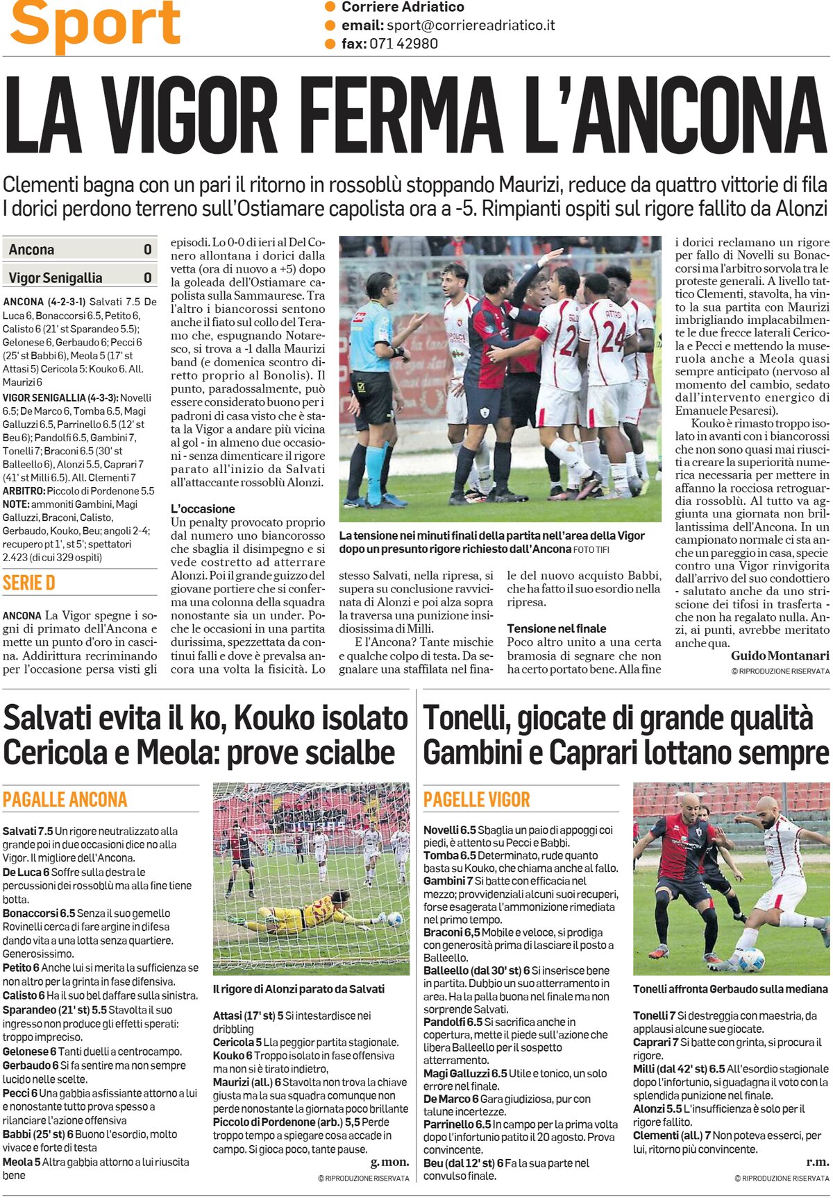 Prima Pagina Corriere Adriatico SPORT 17/11/2025