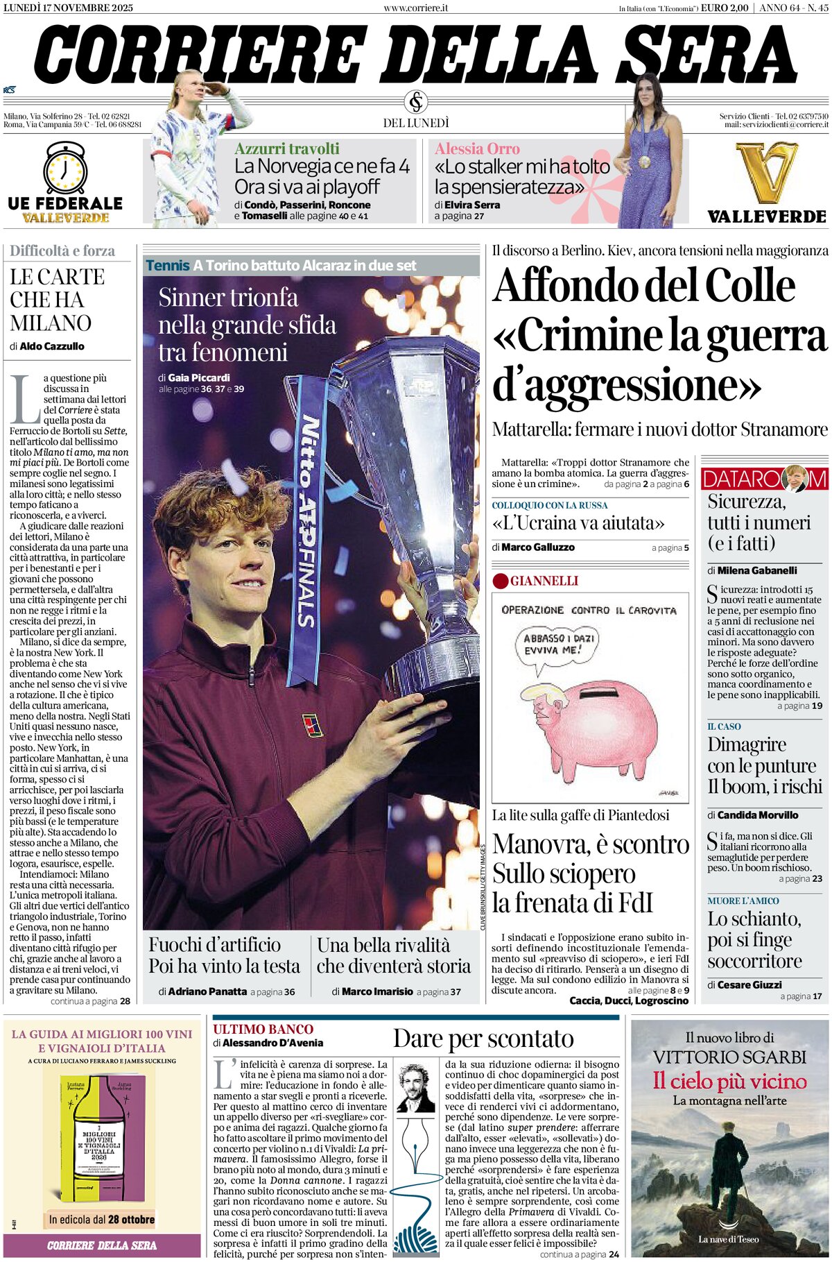 Prima Pagina Corriere della Sera 17/11/2025