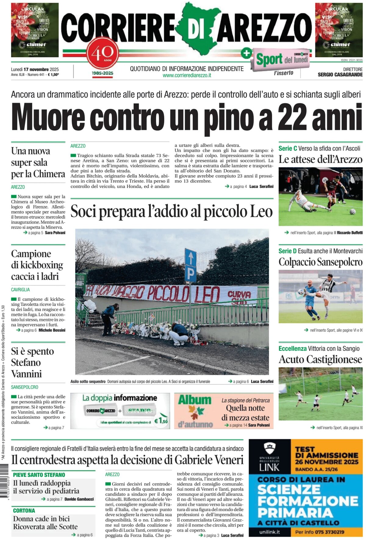 Prima Pagina Corriere di Arezzo 17/11/2025