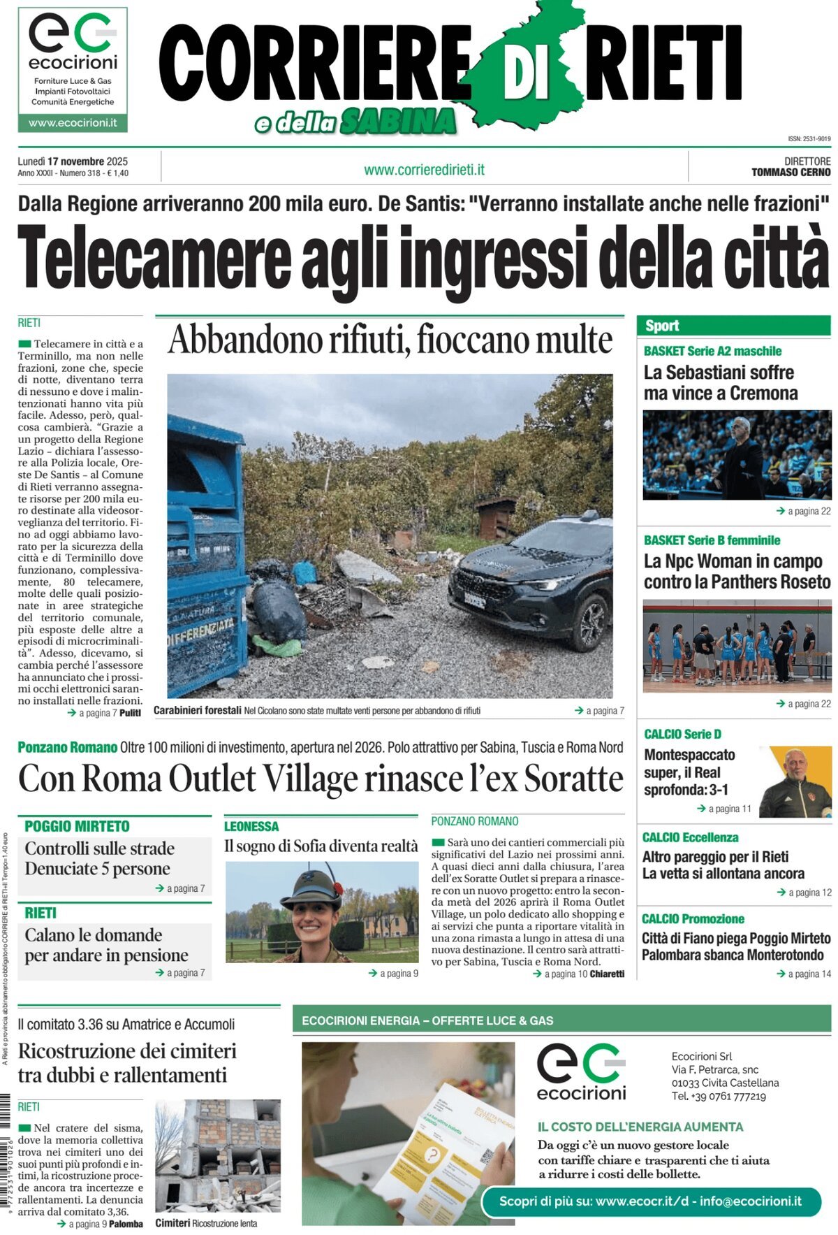 Prima Pagina Corriere di Rieti e della Sabina 17/11/2025