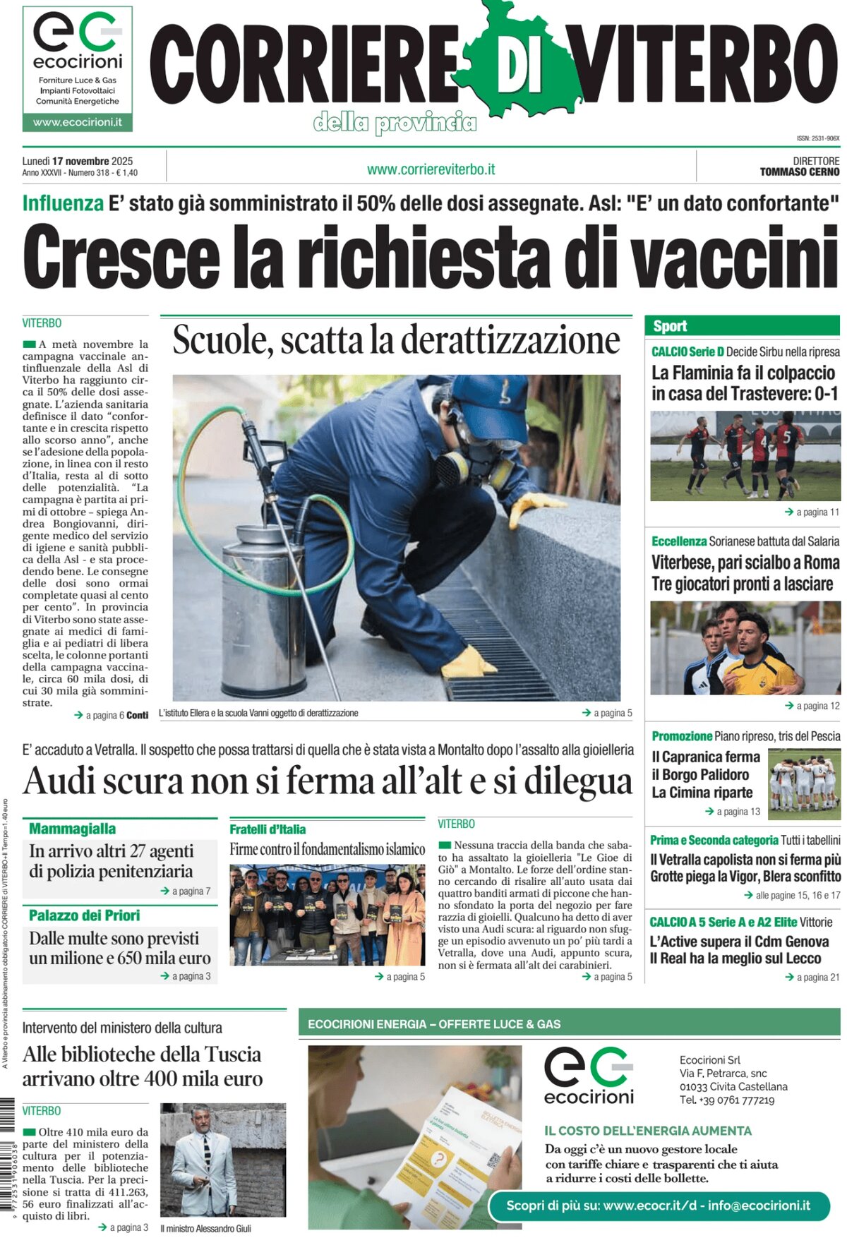 Prima Pagina Corriere di Viterbo 17/11/2025